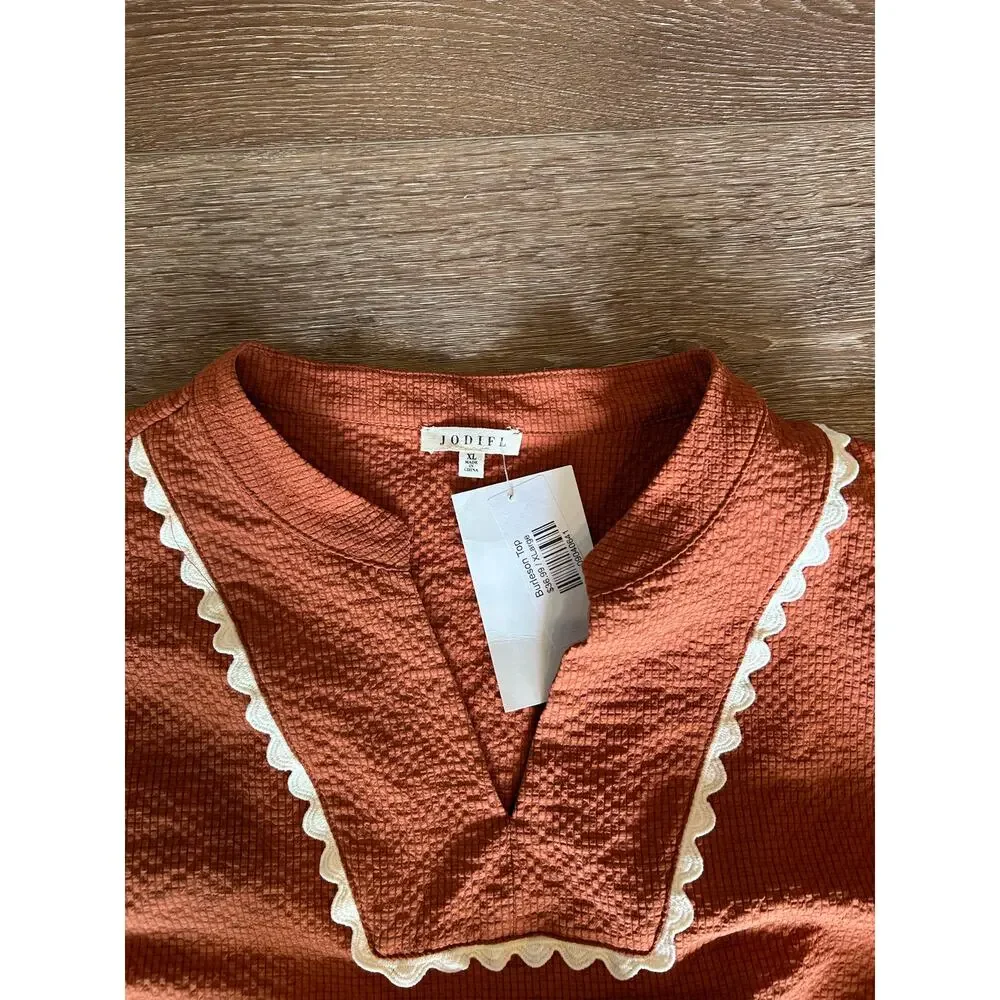 NWT Jodifl XL Rust Textured Peplum Blouse Scallop Trim Puff Sleeve Top - Picture 5 of 9